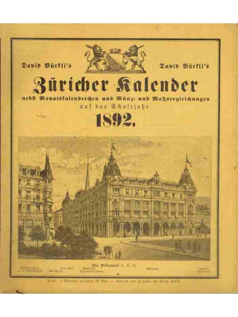 David Bürkli's Züricher Kalender auf das Schaltjahr 1892